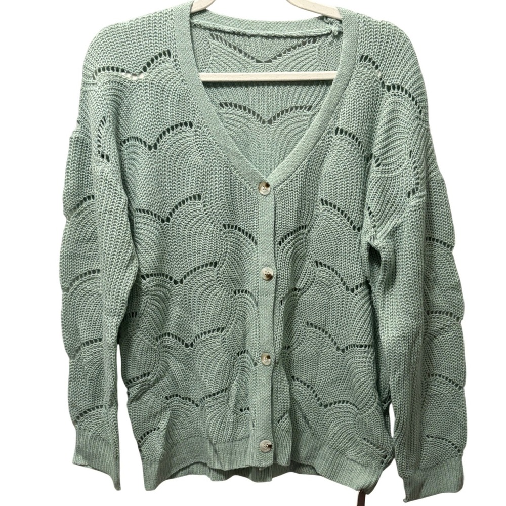 Kohl's Light Green Open Weave Button Up Cardigan Sweater Women's Size M NWT